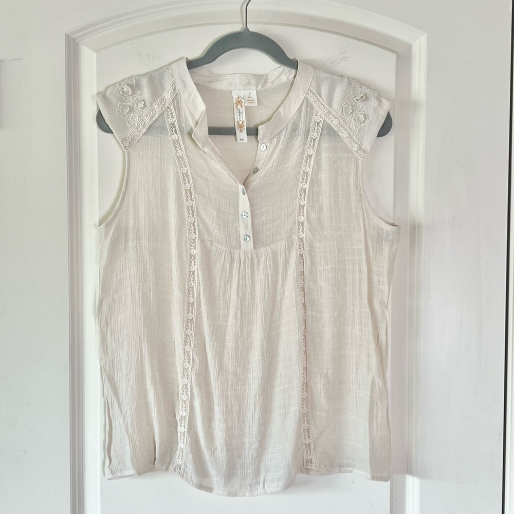 Cream Sleeveless Sheer and Gauzy Floral Embroidered  Lace Pullover Blouse L